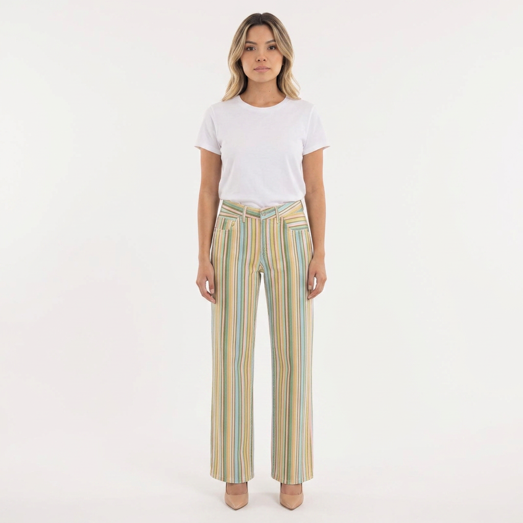 Pantalón Rayas Multicolor Corte Recto