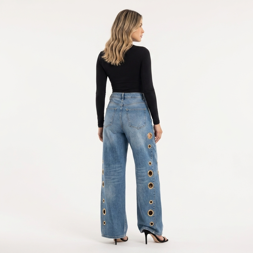 Pantalones Baggy Ojales Metálicos Tiro Alto Mujer