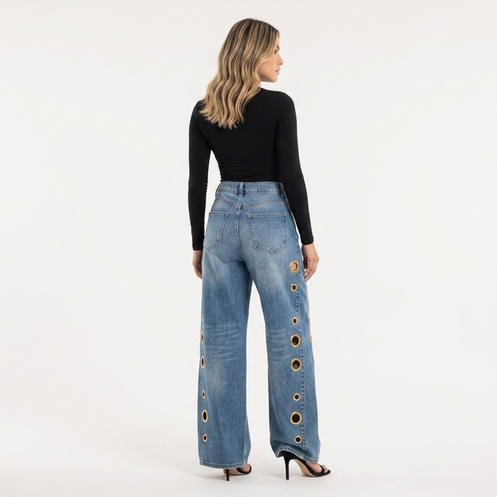 Pantalones Baggy Ojales Metálicos Tiro Alto Mujer