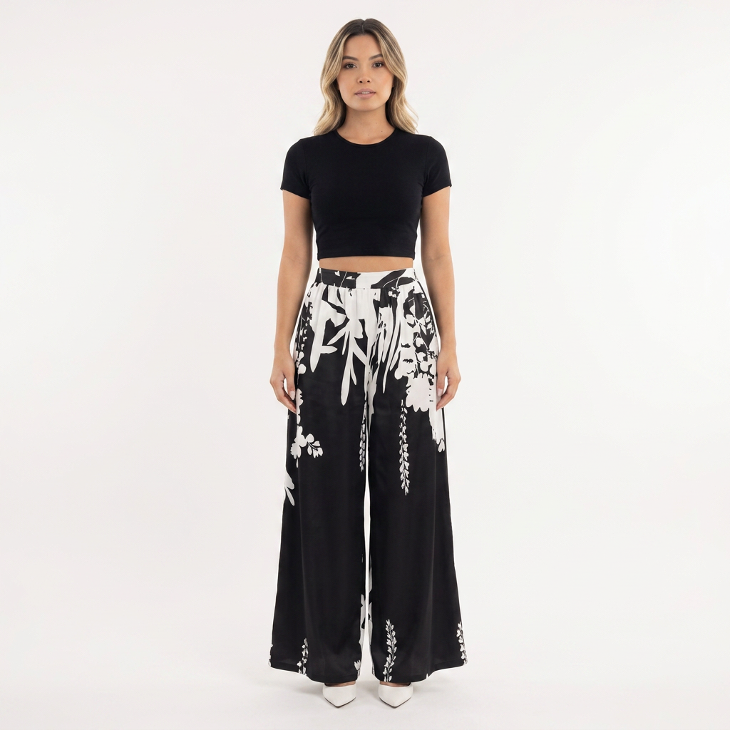 Pantalón Palazzo Floral Botánico Cintura Alta