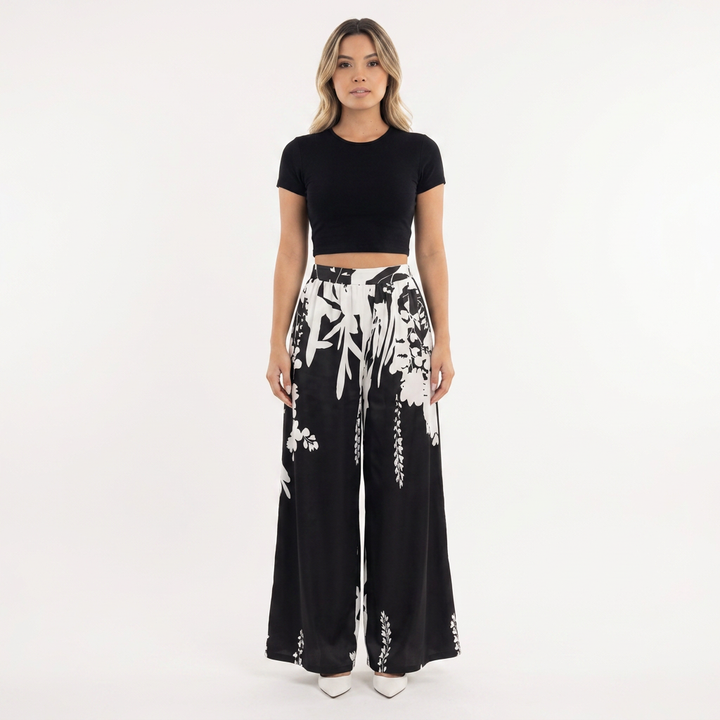 Pantalón Palazzo Floral Botánico Cintura Alta