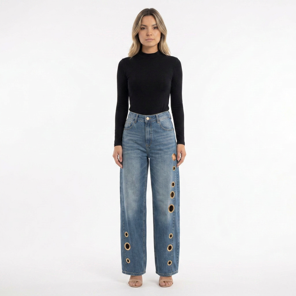 Pantalones Baggy Ojales Metálicos Tiro Alto Mujer