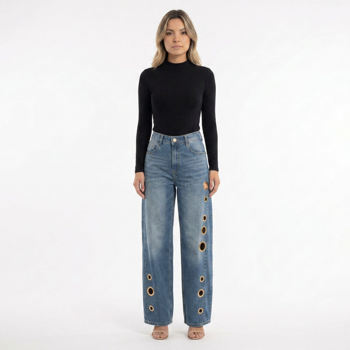 Pantalones Baggy Ojales Metálicos Tiro Alto Mujer