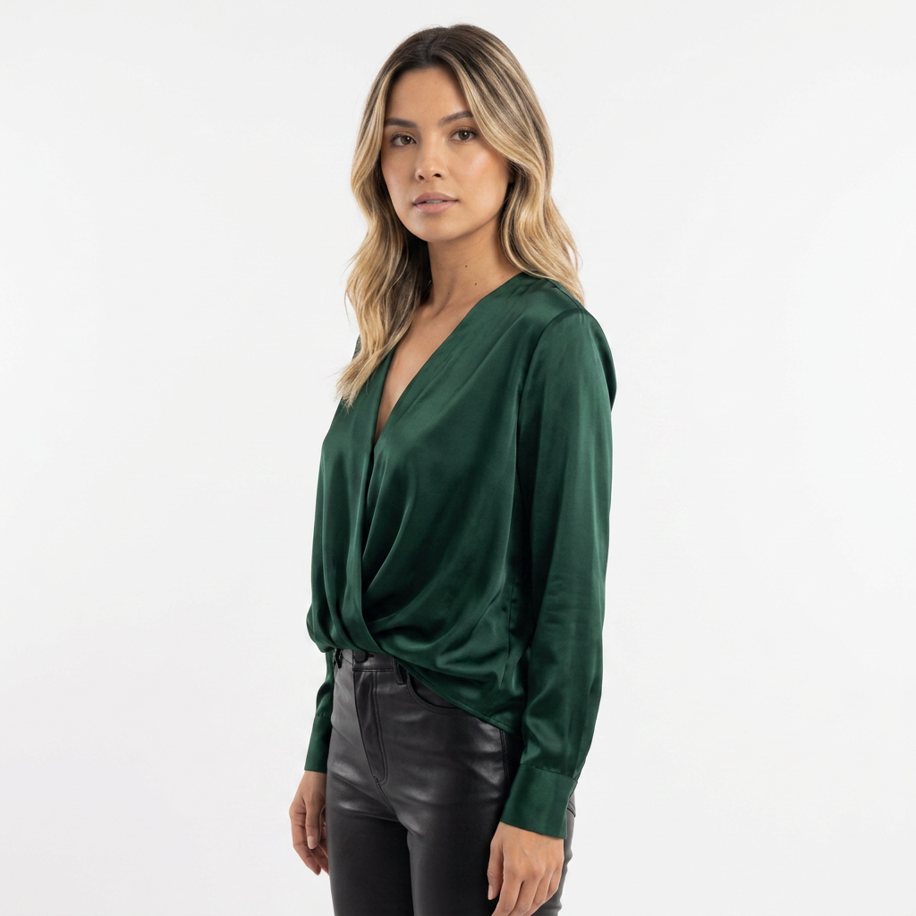 Blusa Satén Drapeada Escote V