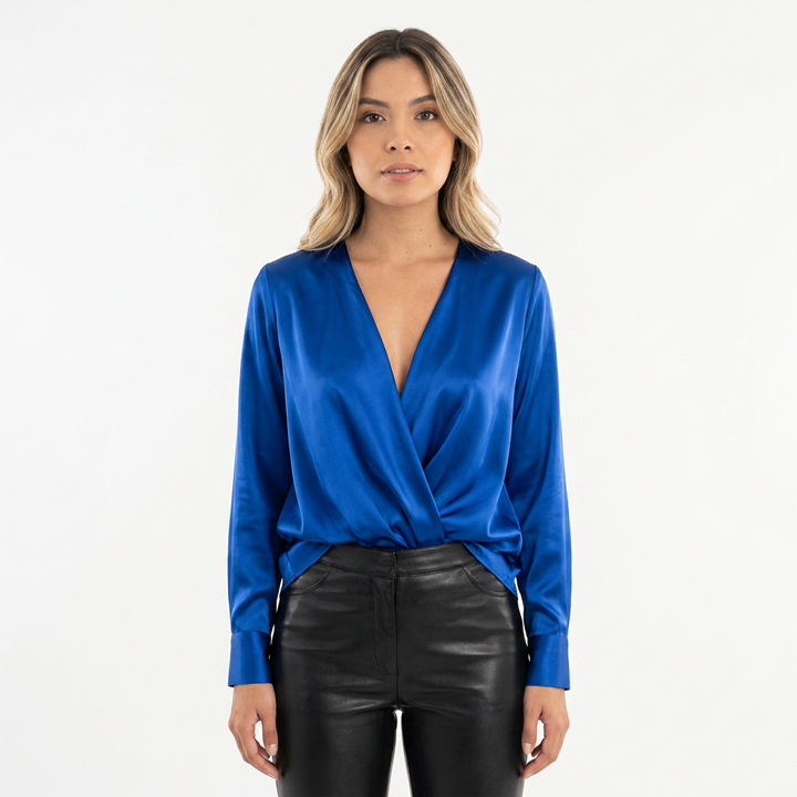 Blusa Satén Drapeada Escote V