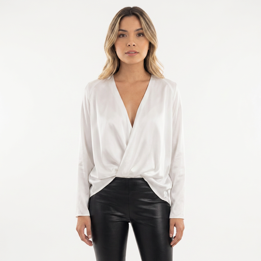 Blusa Satén Drapeada Escote V