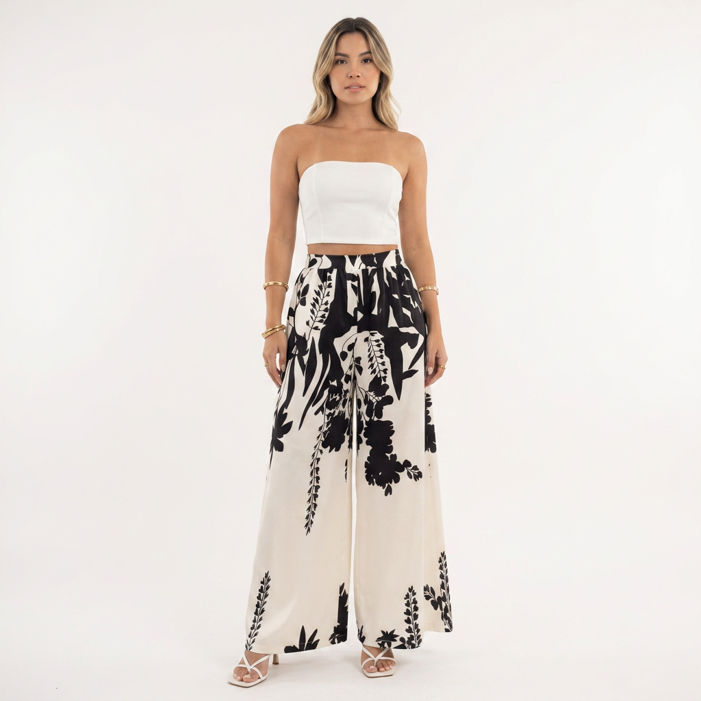 Pantalón Palazzo Floral Botánico Cintura Alta