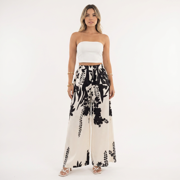 Pantalón Palazzo Floral Botánico Cintura Alta