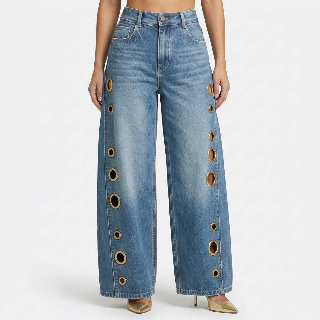 Pantalones Baggy Ojales Metálicos Tiro Alto Mujer