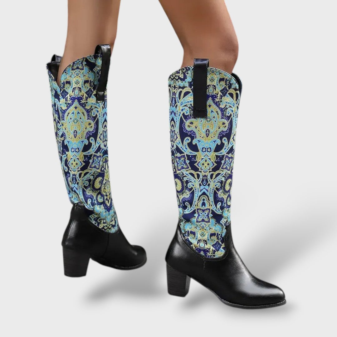 Botas Mujer Altas Florales Tacón Cuadrado