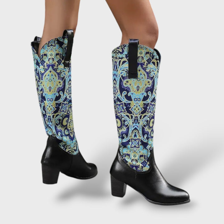 Botas Mujer Altas Florales Tacón Cuadrado