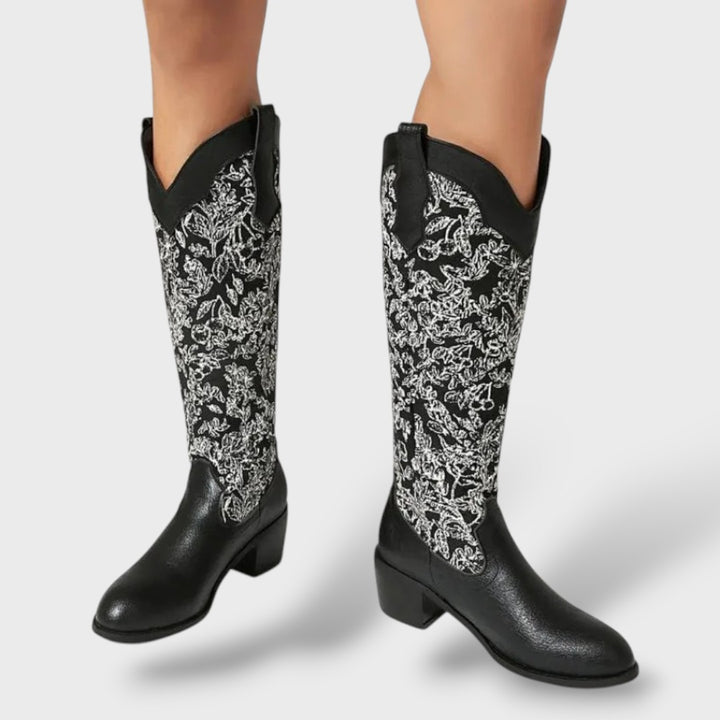 Botas Mujer Bordadas Tacón Cuadrado Elegantes