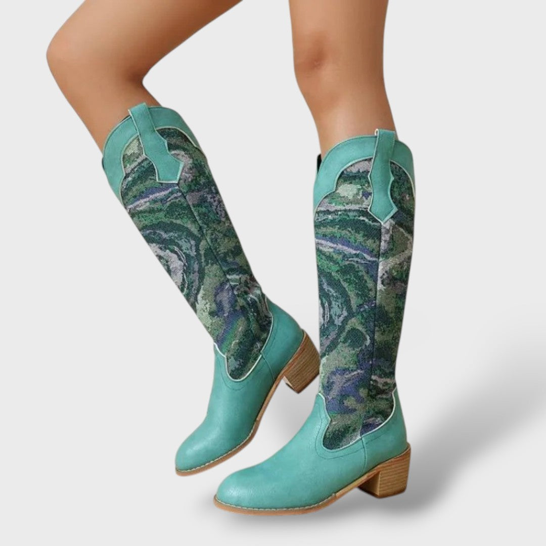 Botas Mujer Bordadas Tacón Cuadrado Elegantes