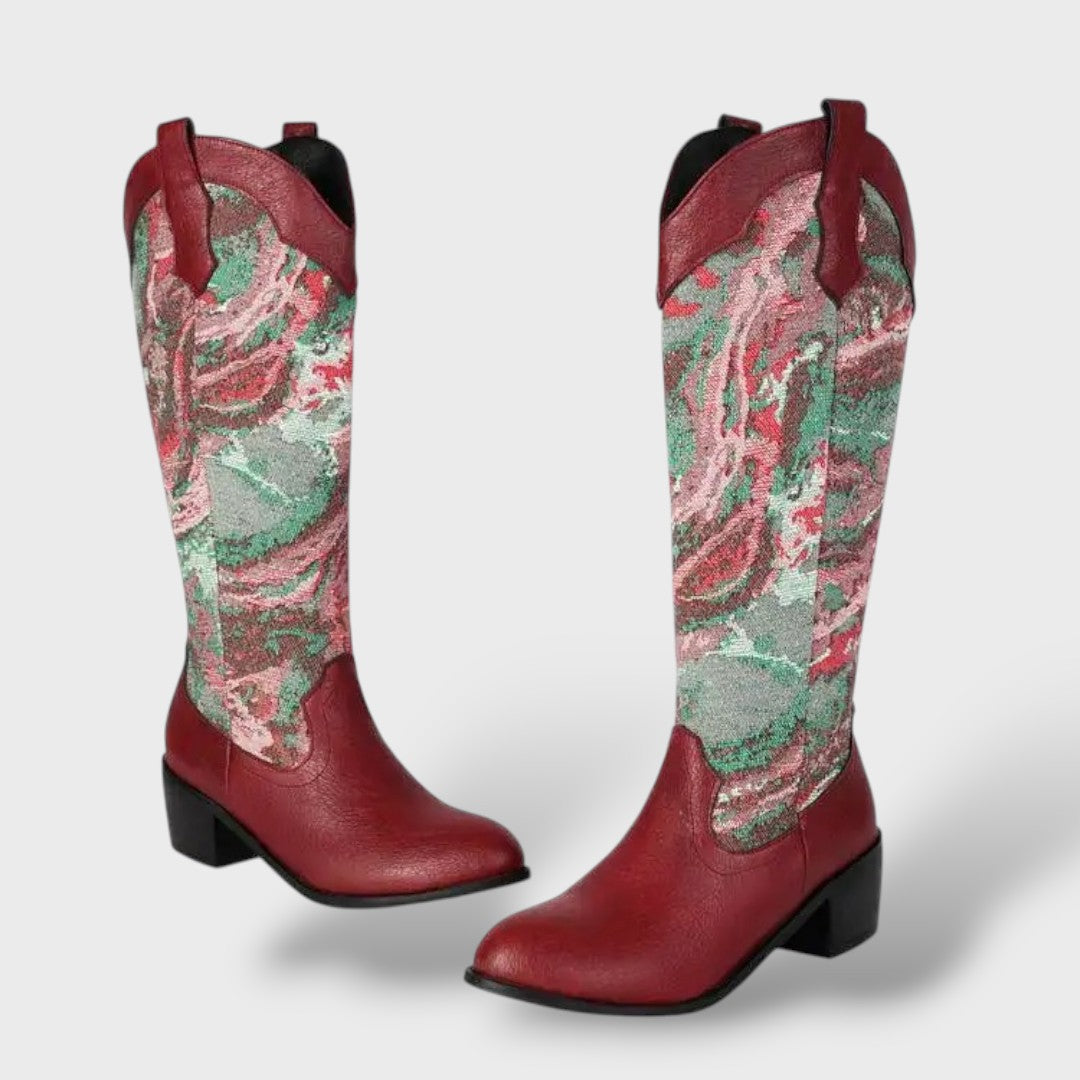 Botas Mujer Bordadas Tacón Cuadrado Elegantes