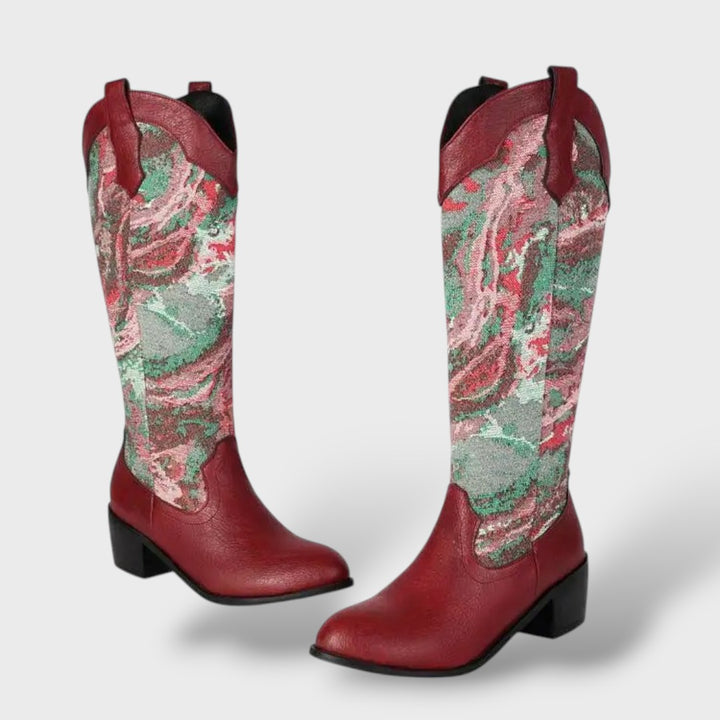 Botas Mujer Bordadas Tacón Cuadrado Elegantes