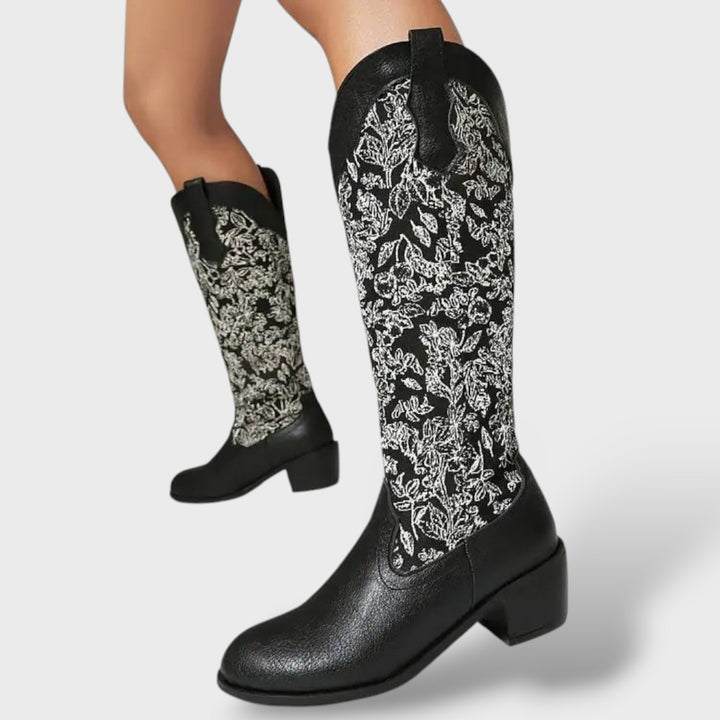 Botas Mujer Bordadas Tacón Cuadrado Elegantes
