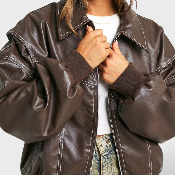 Bomber de Cuero Mujer Estilo Retro