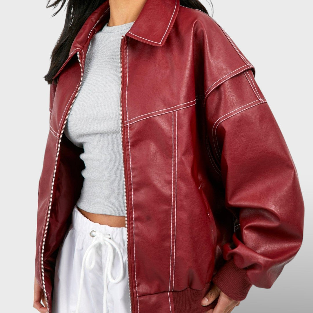 Bomber de Cuero Mujer Estilo Retro