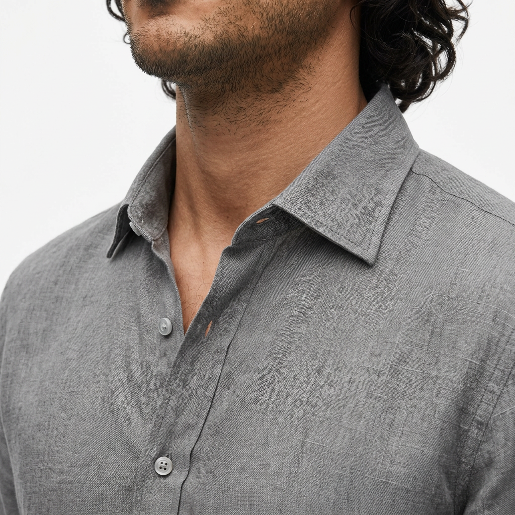 Camisa Lino Abierto - Gris - Pormenor
