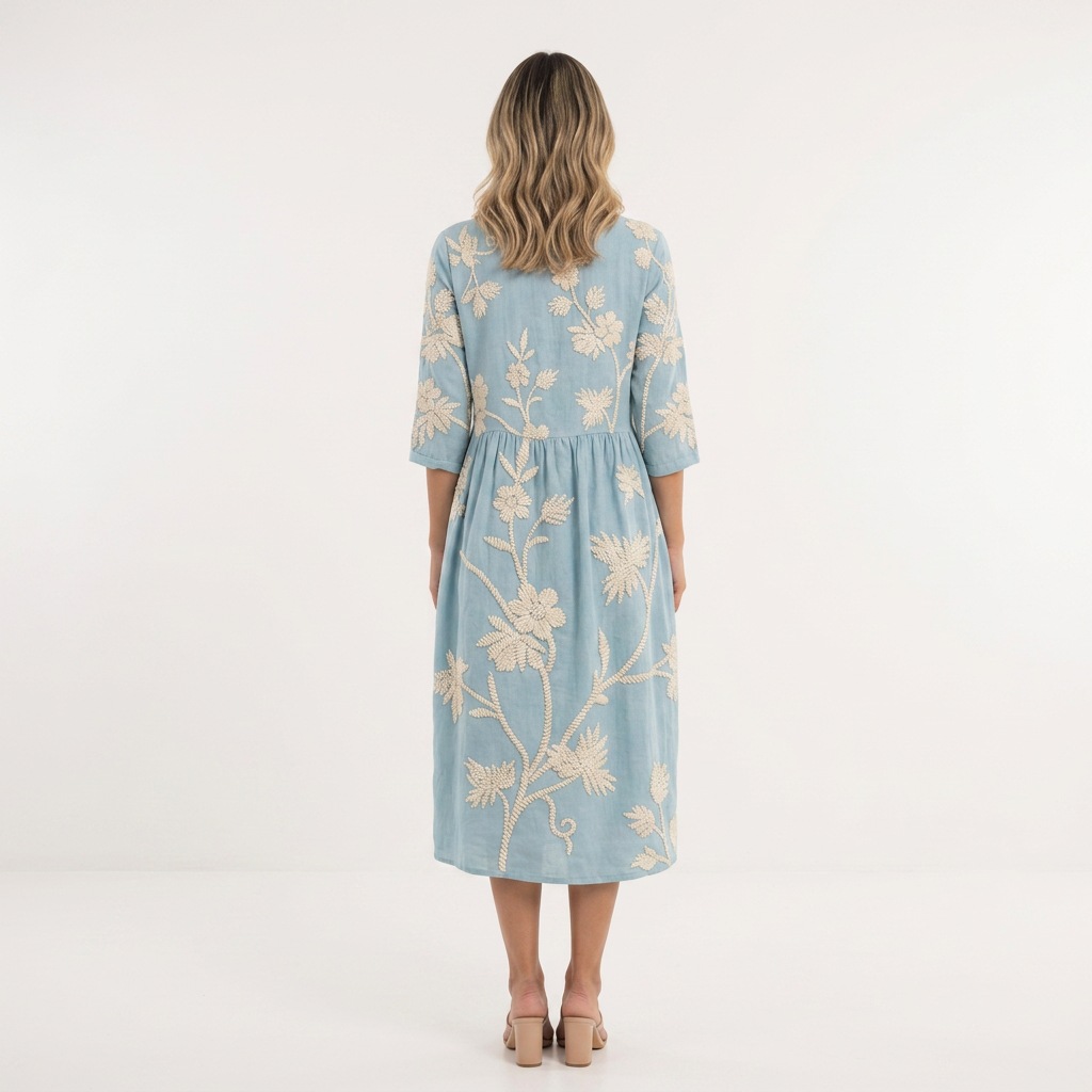Vestido Floral Redondo - Azul - Costas