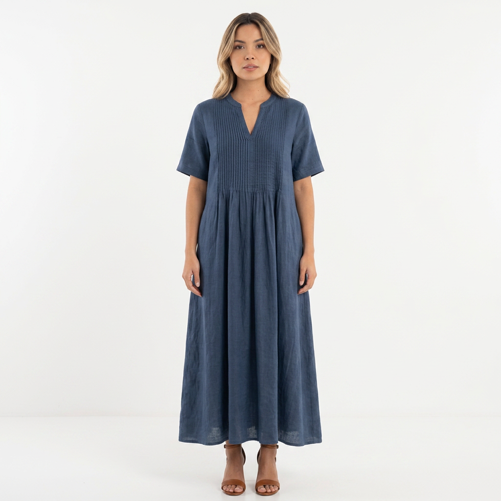 Vestido Lino Plisado - AzulMarino - Frente