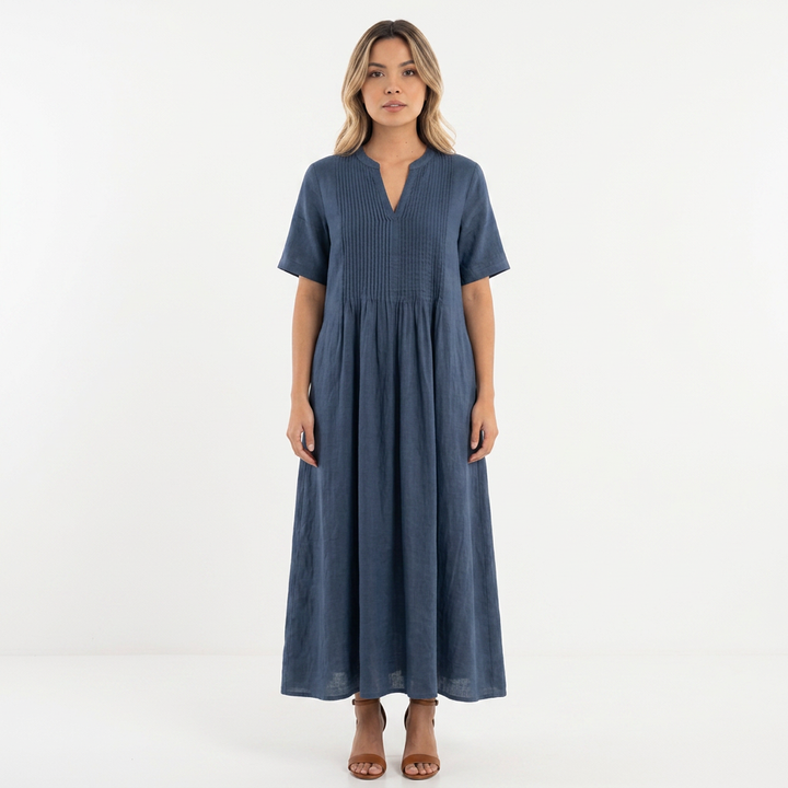 Vestido Lino Plisado - AzulMarino - Frente