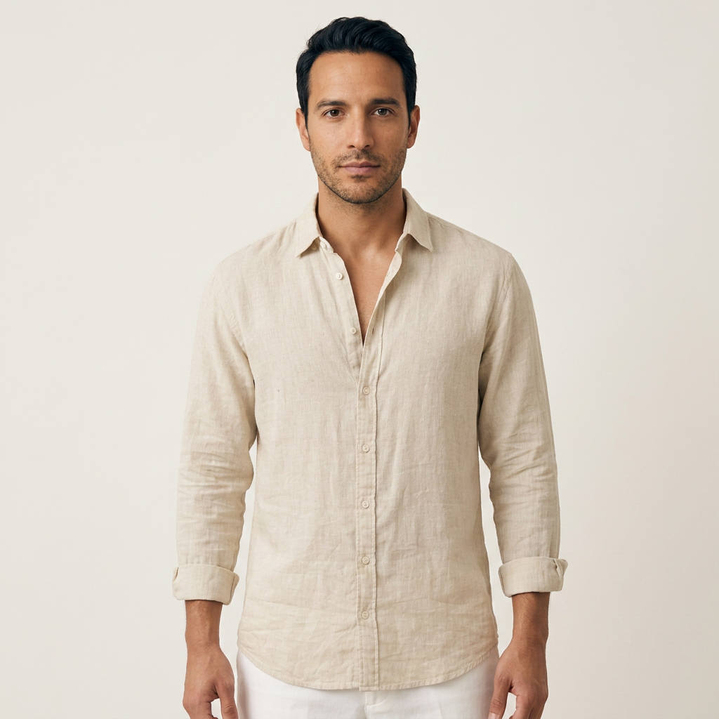 Camisa Lino Abierto - Caqui - Frente