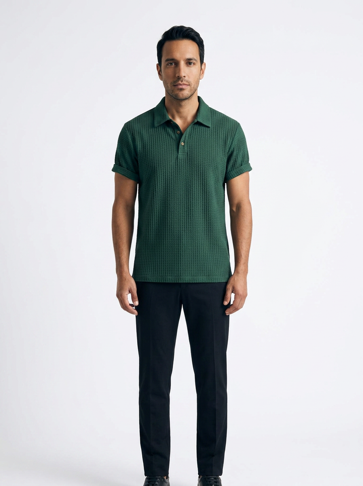 Polo Punto Waffle Hombre - Verde Bosque - Frente