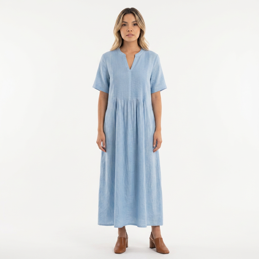 Vestido Lino Plisado - Azul - Frente