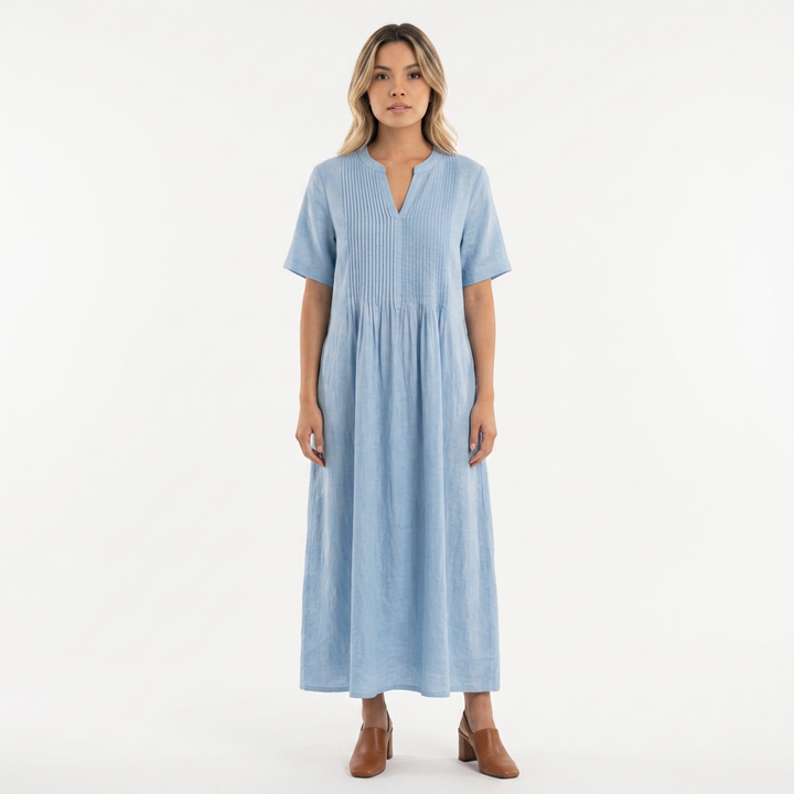 Vestido Lino Plisado - Azul - Frente