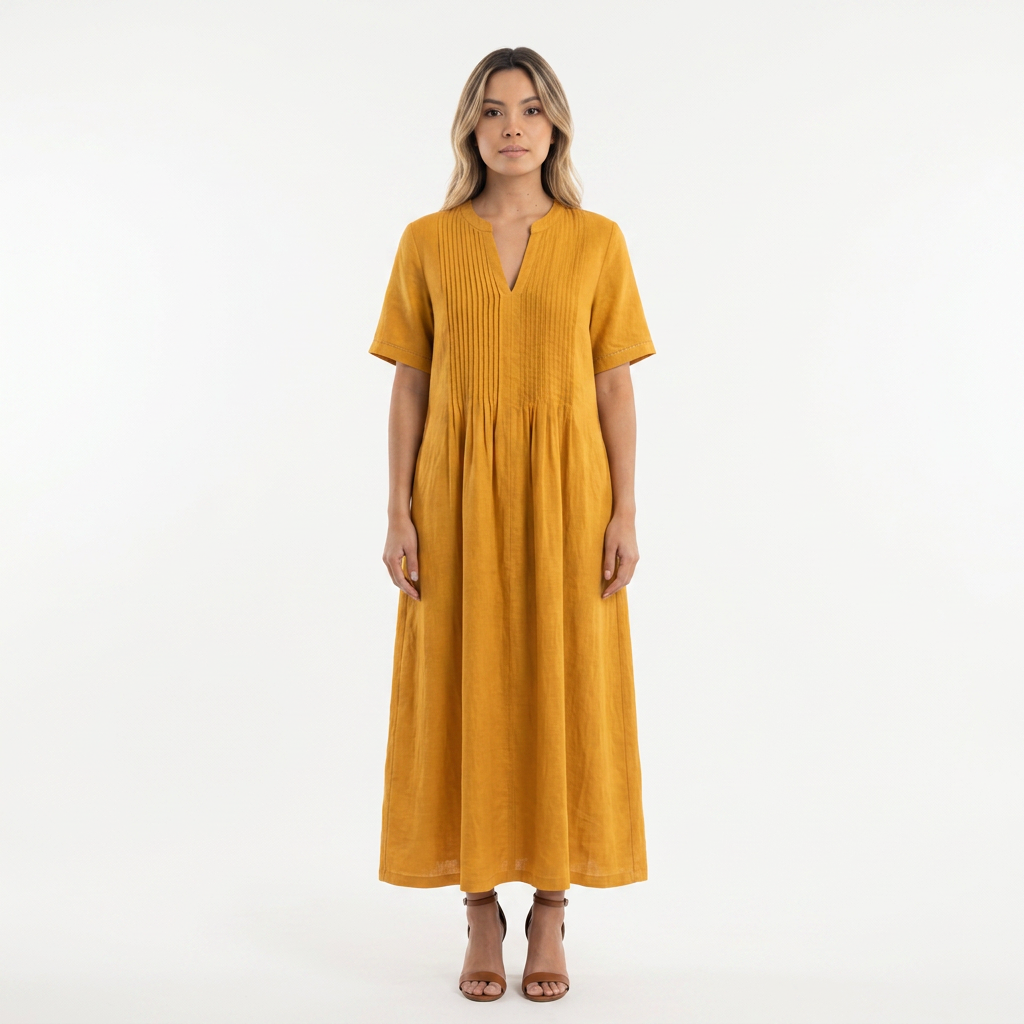 Vestido Lino Plisado - Amarillo - Frente