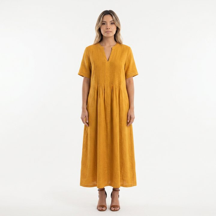 Vestido Lino Plisado - Amarillo - Frente