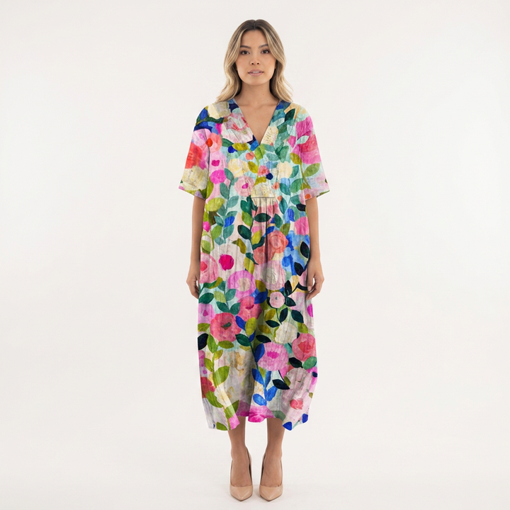 Vestido Escote V - Floral1 - Frente
