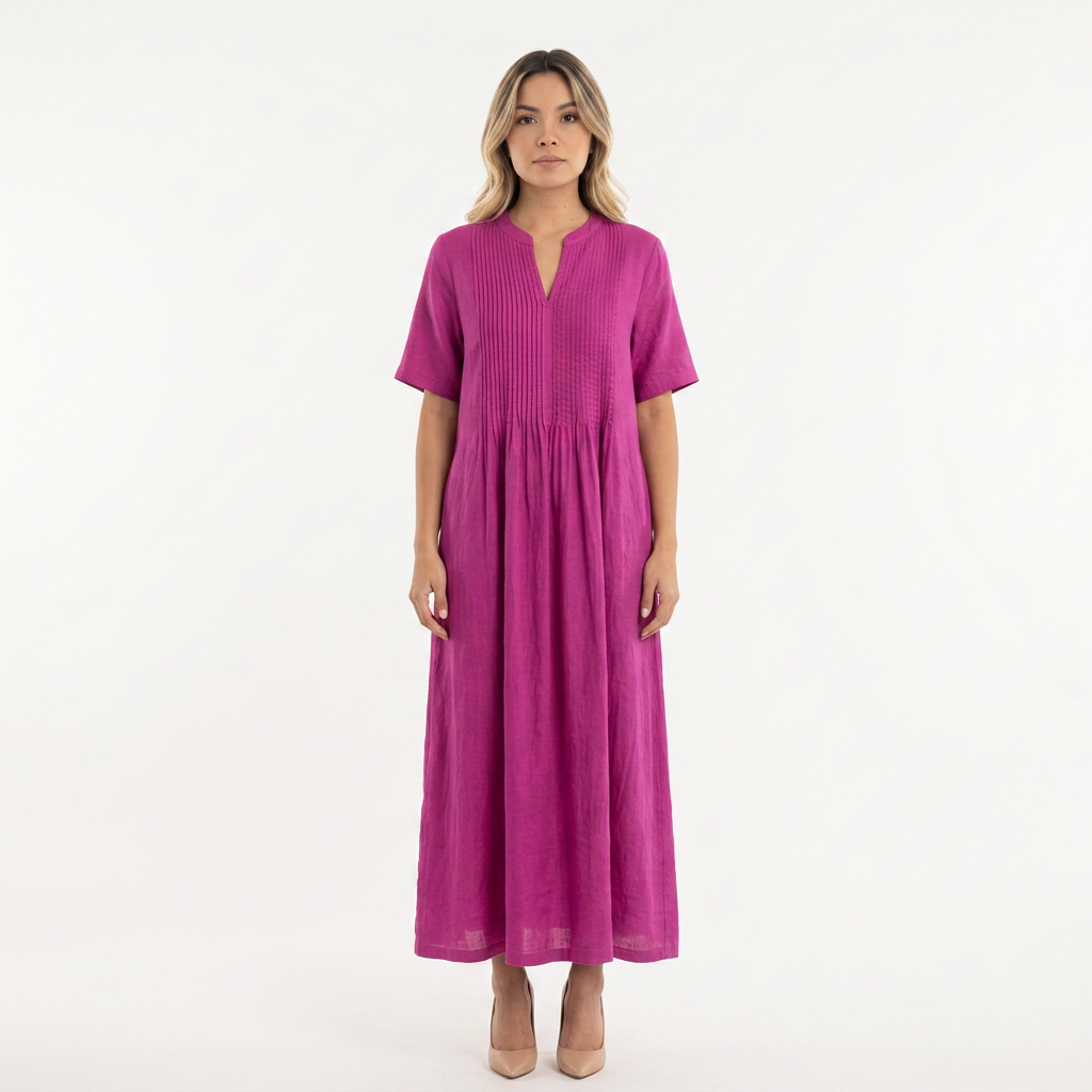 Vestido Lino Plisado - Rosa - Frente