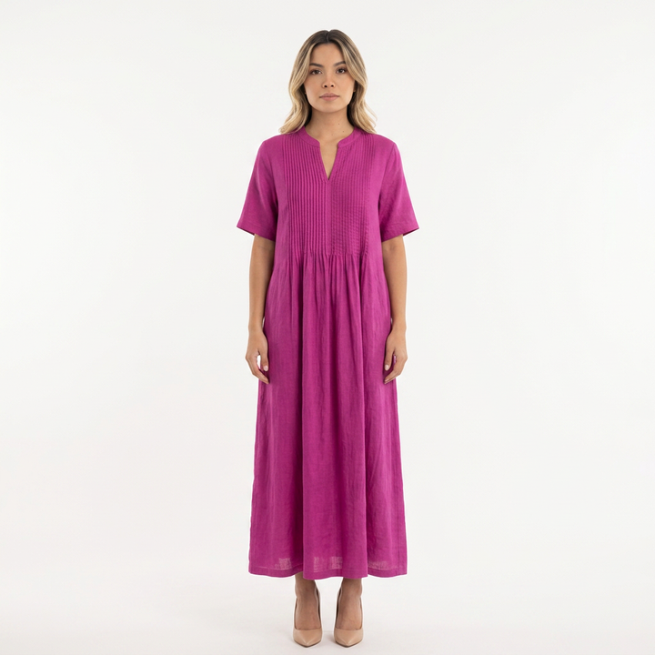 Vestido Lino Plisado - Rosa - Frente