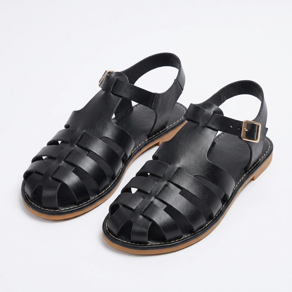 Sandalias Piel Casual - Negro - Par