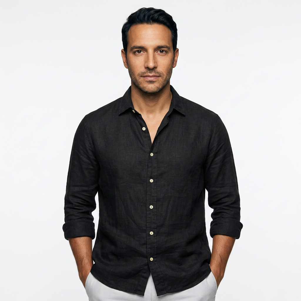 Camisa Lino Abierto - Negro - Frente