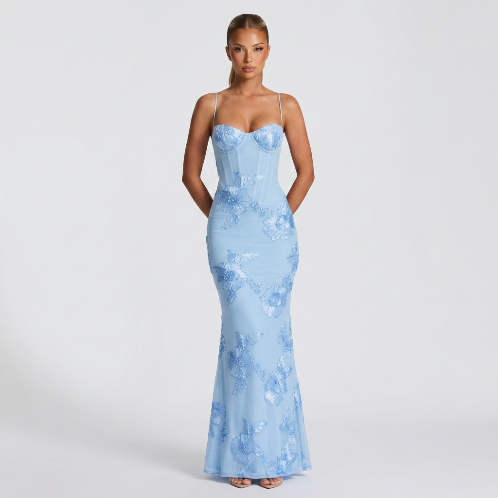 Vestido Bordado - AzulClaro - Frente