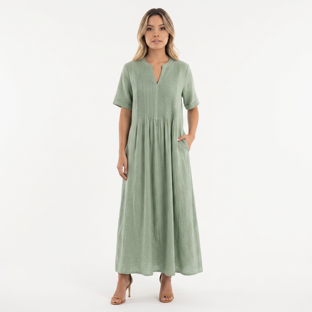 Vestido Lino Plisado - Verde - Frente