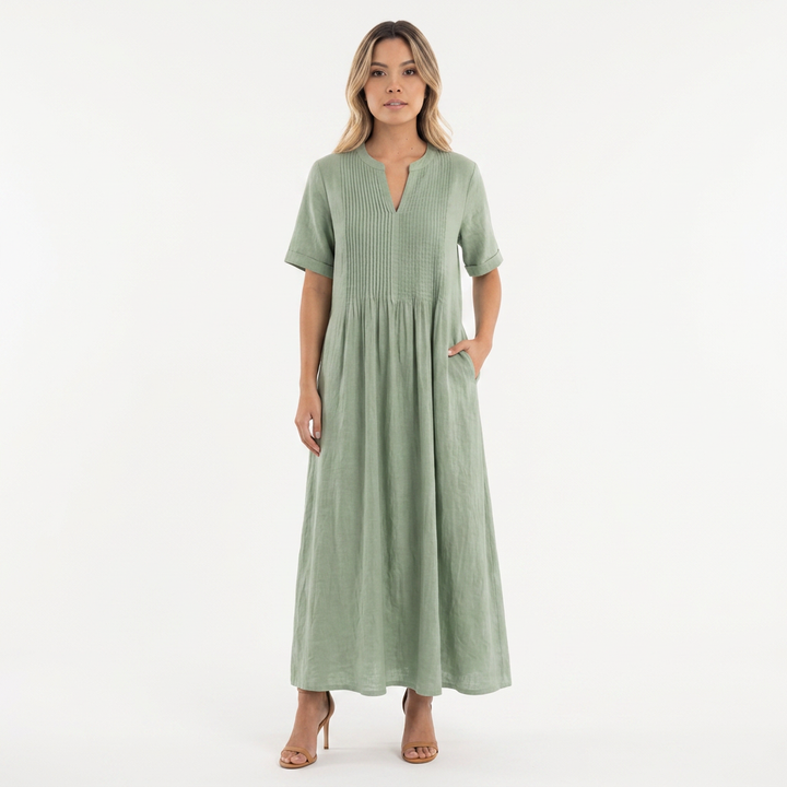 Vestido Lino Plisado - Verde - Frente