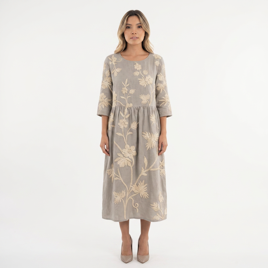 Vestido Floral Redondo - Gris - Frente
