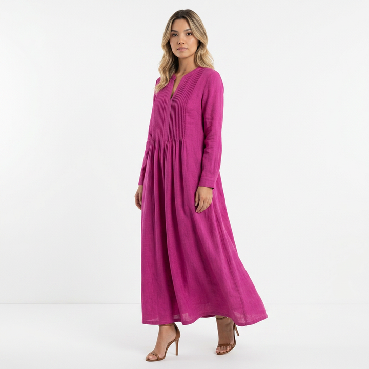 Vestido Lino Plisado - Rosa - CorpoTodo