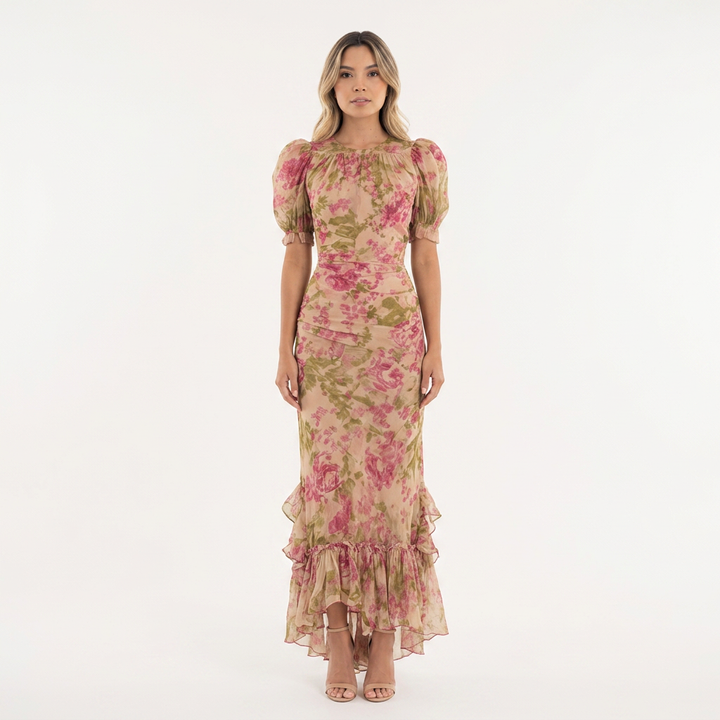 Vestido Mangas Abullonadas - Rosa - Frente