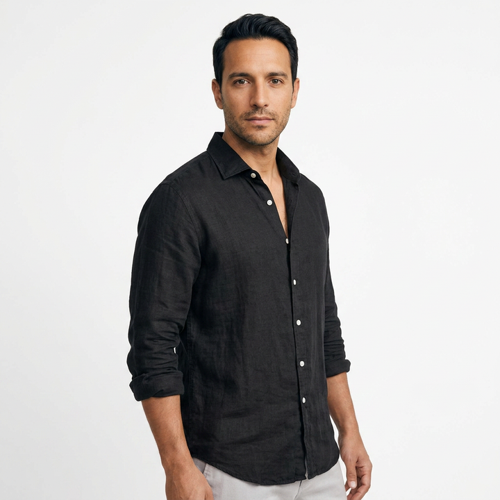Camisa Lino Abierto - Negro - Lado