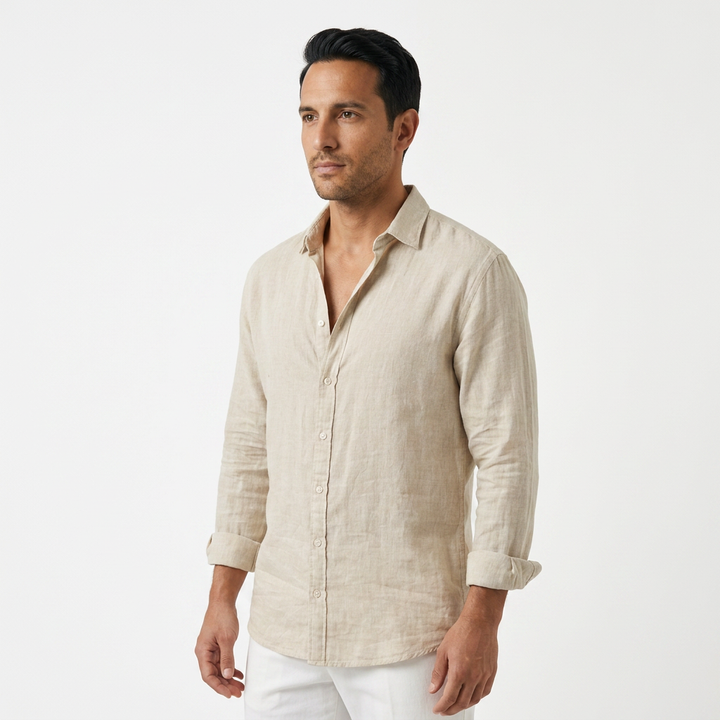 Camisa Lino Abierto - Caqui - Lado