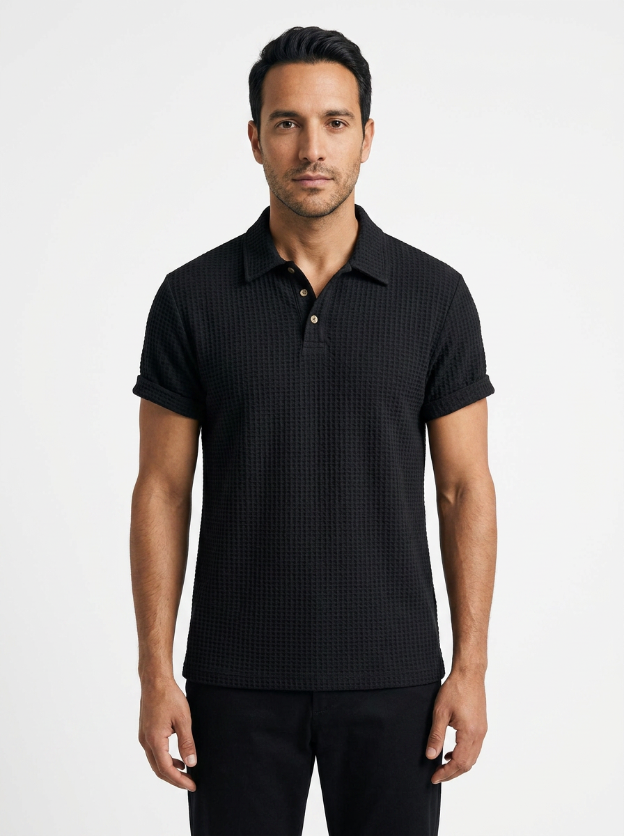 Polo Punto Waffle Hombre - Negro - Frente
