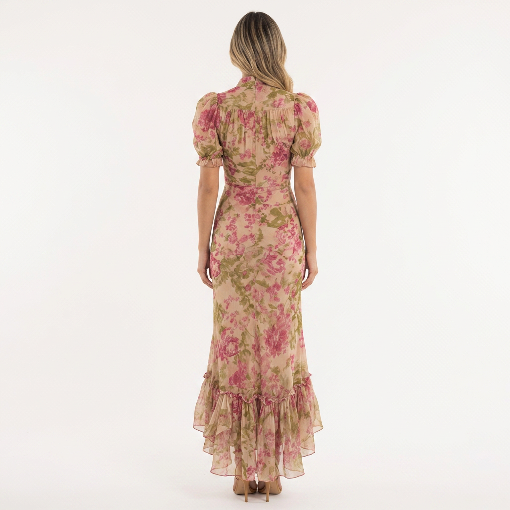 Vestido Mangas Abullonadas - Rosa - Costas