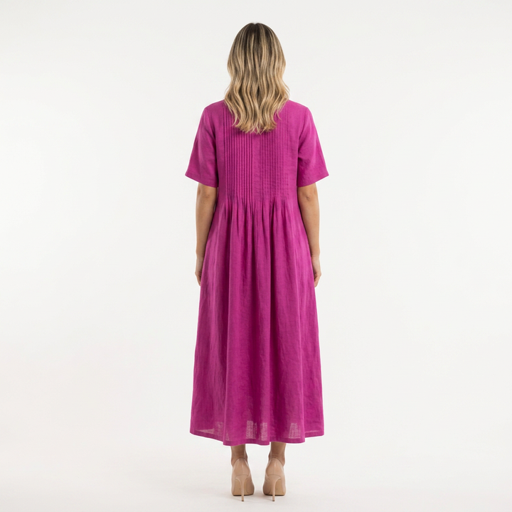 Vestido Lino Plisado - Rosa - Costas