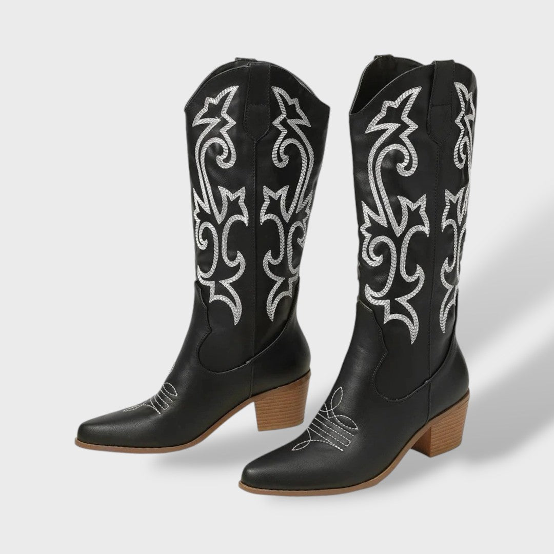 Botas Cowboy Mujer Altas Bordadas – Tacón Grueso